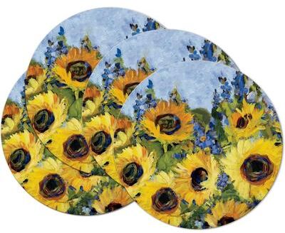 CounterArt Sunflower Gallery 4 Pack Round Reversible Easy Care Flexible Plastic Placemats Made in The USA Reversible Flexible, Wipes Clean