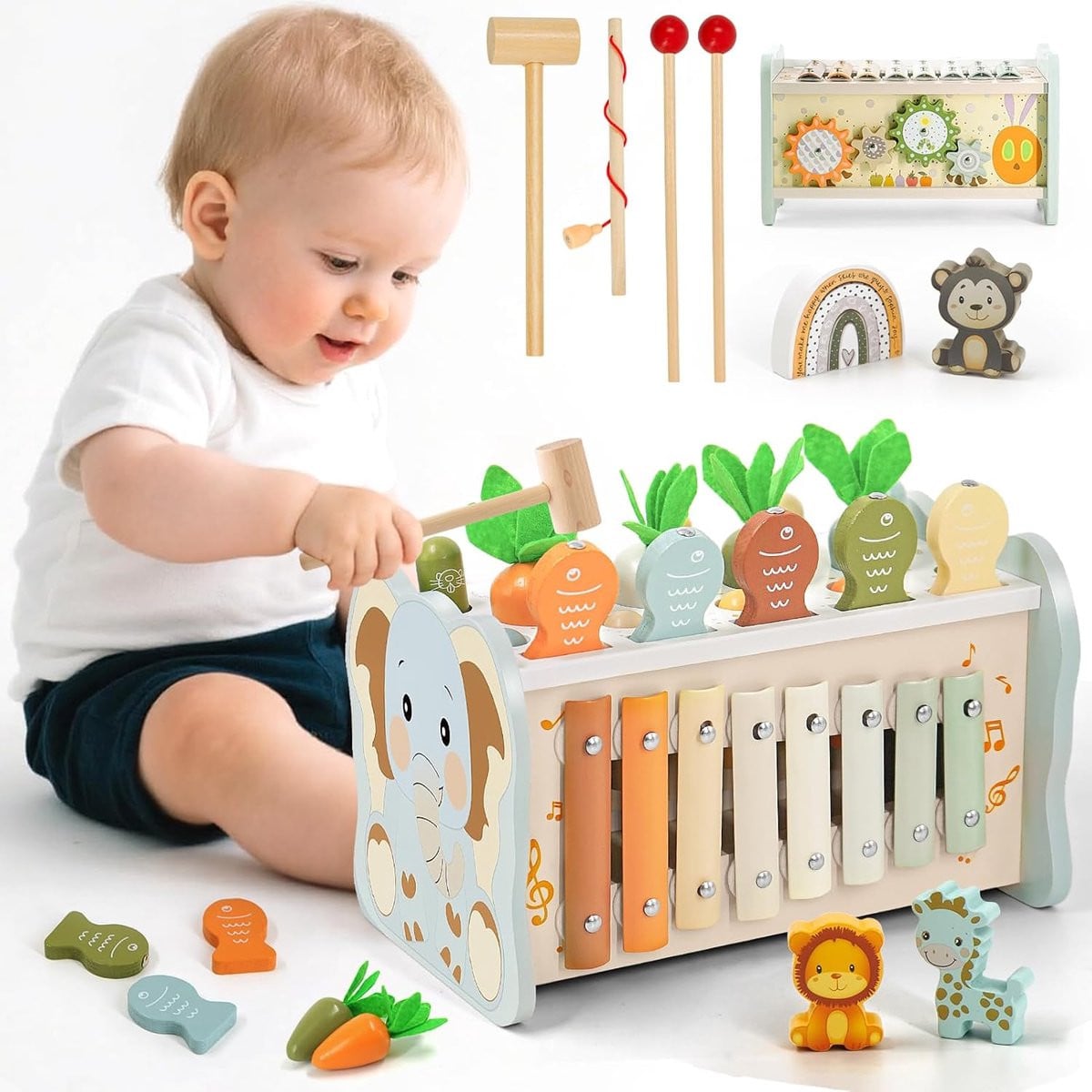 6-in-1 Houten Activiteitenspeelgoed voor Baby's met Xylofoon, Molspel en Tandwielspellen