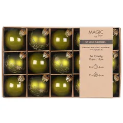 15 Weihnachtskugeln Glas 6cm Glitzer Sterne Motiv Christbaumkugeln Weihnachtsbaumkugeln Christbaumschmuck Weihnachtsbaumschmuck Matt Glanz Olivgrün