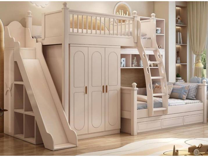 Xlmoebel Etagenbett Weißes Holz Doppelstockbett mit Rutsche und Stauraum von XLMOEBEL (Etagenbett, 1-St., Weißes Etagenbett mit Rutsche), Made in Europa