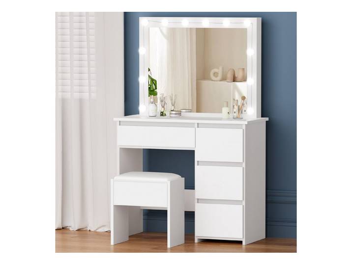 ALFORDSON Schminktisch mit Spiegel, 4 Schubladen & Aufbewahrungshocker, LED-Beleuchtung (Schminktisch-Set für Damen- und Mädchenschlafzimmer, 1-St), 90 cm lange Schreibtischplatte
