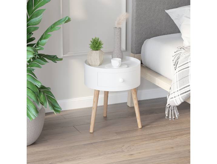 HOMCOM Table basse avec tiroir, ronde, design scandinave, rebord de protection, bois, Ø38 x H45 cm, Blanc
