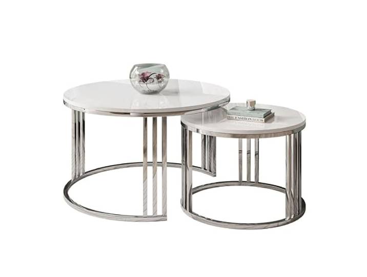 Lookway Couchtisch Lori 2in1 runder Couchtisch mit Silber Chrom Gestell (Weiß Hochglanz)