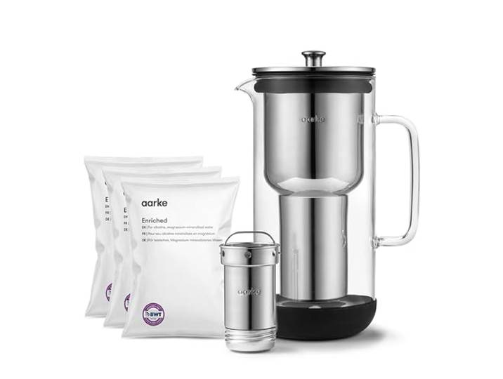 Aarke Purifier Wasserfilterkanne aus Glas und Edelstahl (2,4 L) 10 Tassen, 3er-Pack Enriched Filter-Nachfüllbeutel