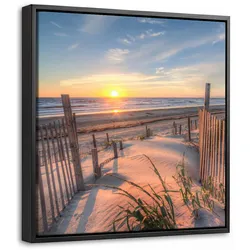 LEINWAND Bilder mit Rahmen - Strand - Meer - Düne - Sonnenuntergang - Landschaft - 20x20