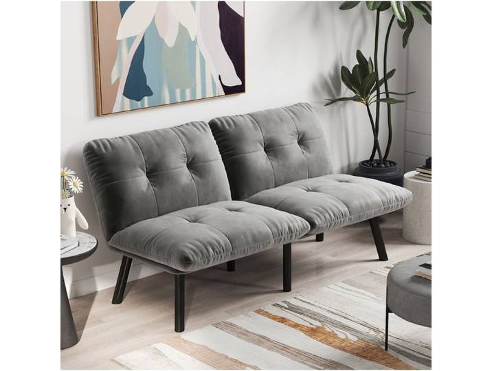 ULEVR canapé convertible 2 places gris en velours structure métal sans accoudoirs