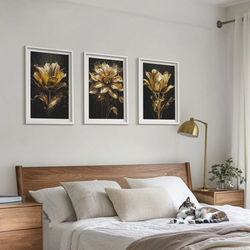 BILDER SET 3er Set - 40x60 cm Weißer Rahmen - Gelbe Blüten auf dunklem Hintergrund