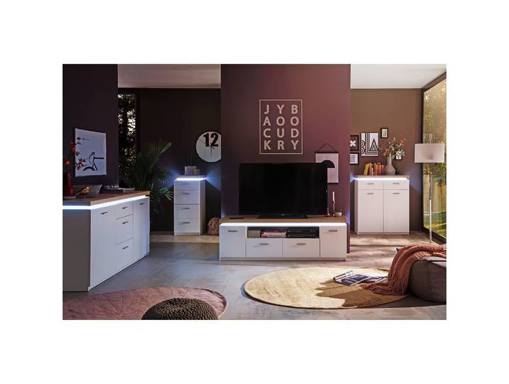 TV-Lowboard Front & Korpus: Spanplatte, beschichtet Rückwand & Schubladenböden: HDF Hochdichte Holzfaserplatte , lackiert Griffe: Metall,