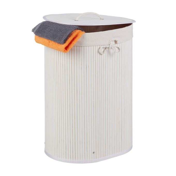 Relaxdays Wasmand Bamboe Ovaal, 46 l, Wit, Opvouwbaar met Deksel