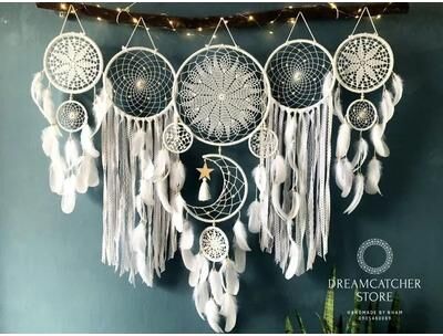 Uplifted Finds 5 Piece Celestial Macrame Dream Catcher Set   Boho Moon & Star Wall Hangings white