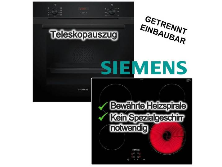 SIEMENS Backofen-Set Backofen 3DHeißluft Hydrolyse Teleskopauszug + Elektrokochfeld 4 Zonen, mit 1-fach Teilauszug, Hydrolyse