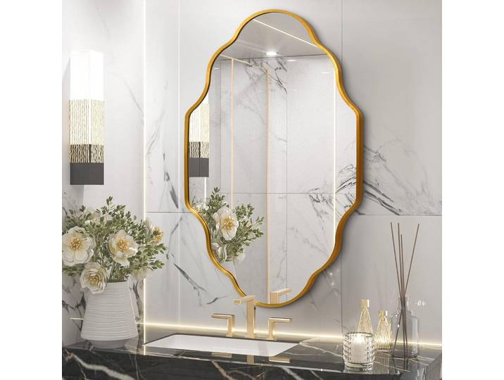 Miroir mural asymétrique, miroir de forme irrégulière pour mur, 116 x 66 cm, cadre doré/noir, miroir mural pour salon, salle de bain, entrée.