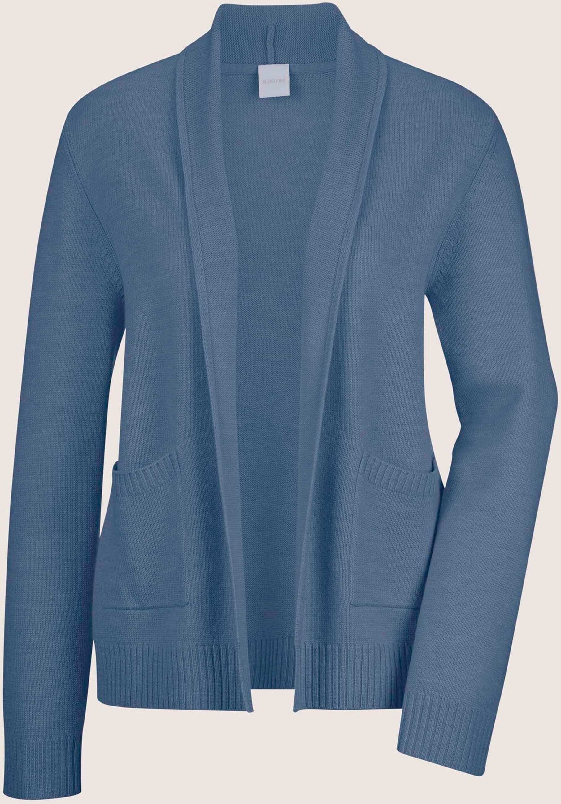 Strickjacke MADELEINE "Strickjacke Lange Strickjacke ohne Verschluss", Damen, Gr. 34, blau (rauchblau, melange), Obermaterial: 70% Baumwolle CO. 30% Seide silk., Modern, normal, Strickjacken Strickjacke