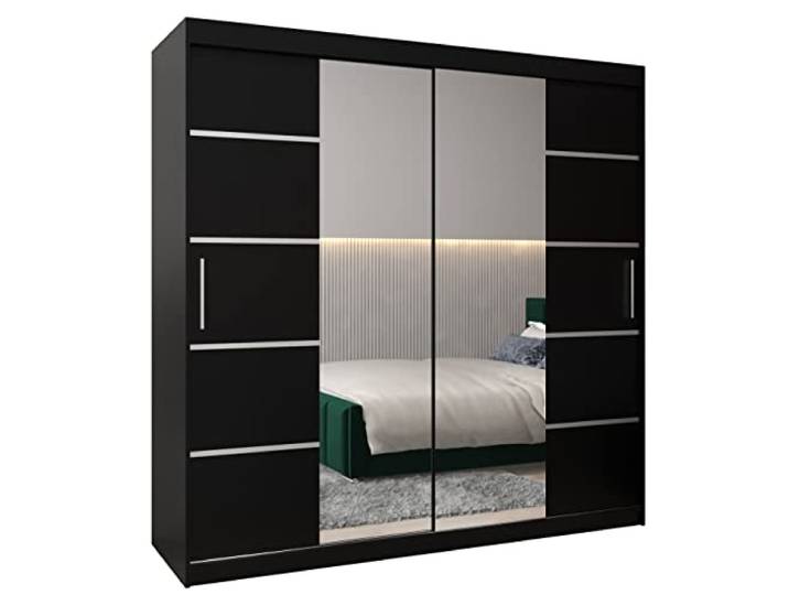 MEBLE KRYSPOL Verona 4 200 Schlafzimmerschrank Schiebetüren Schrank mit Spiegel Kleiderschrank mit Spiegel Schiebetürenschrank Kleiderschrank Schiebetüren – 200x200x62cm - Mattschwarz