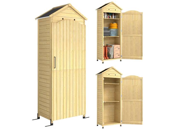 Outsunny Geräteschuppen Tannenholz Naturholz, Naturfarben, Kunststoff, 2 Fächer, 58x213x85 cm, Gartenzubehör, Geräteschuppen