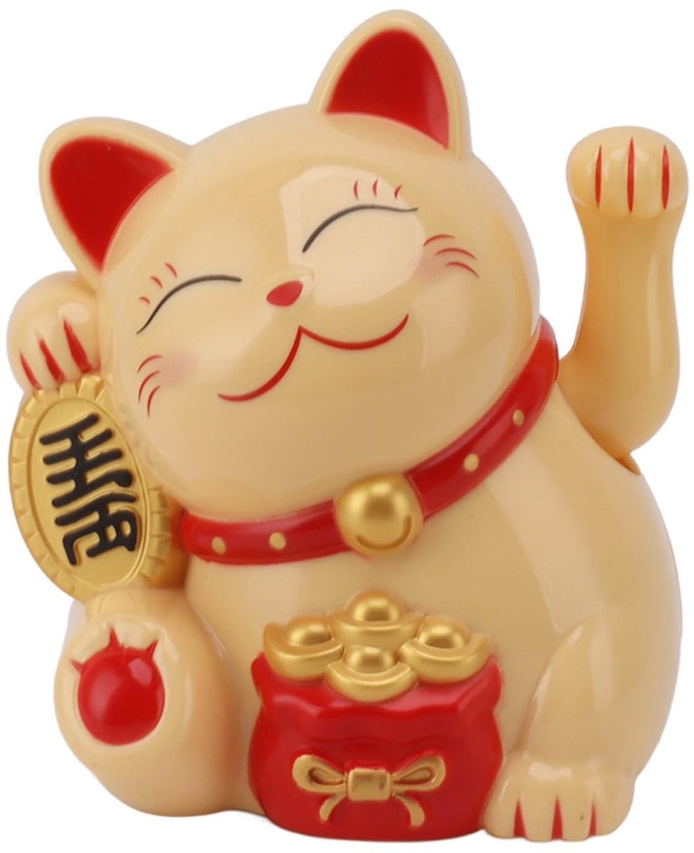 Dailygoods Maneki Neko Geluksbrenger - Zwaaiende kat - Geel - Decoratief figuur voor op tafel