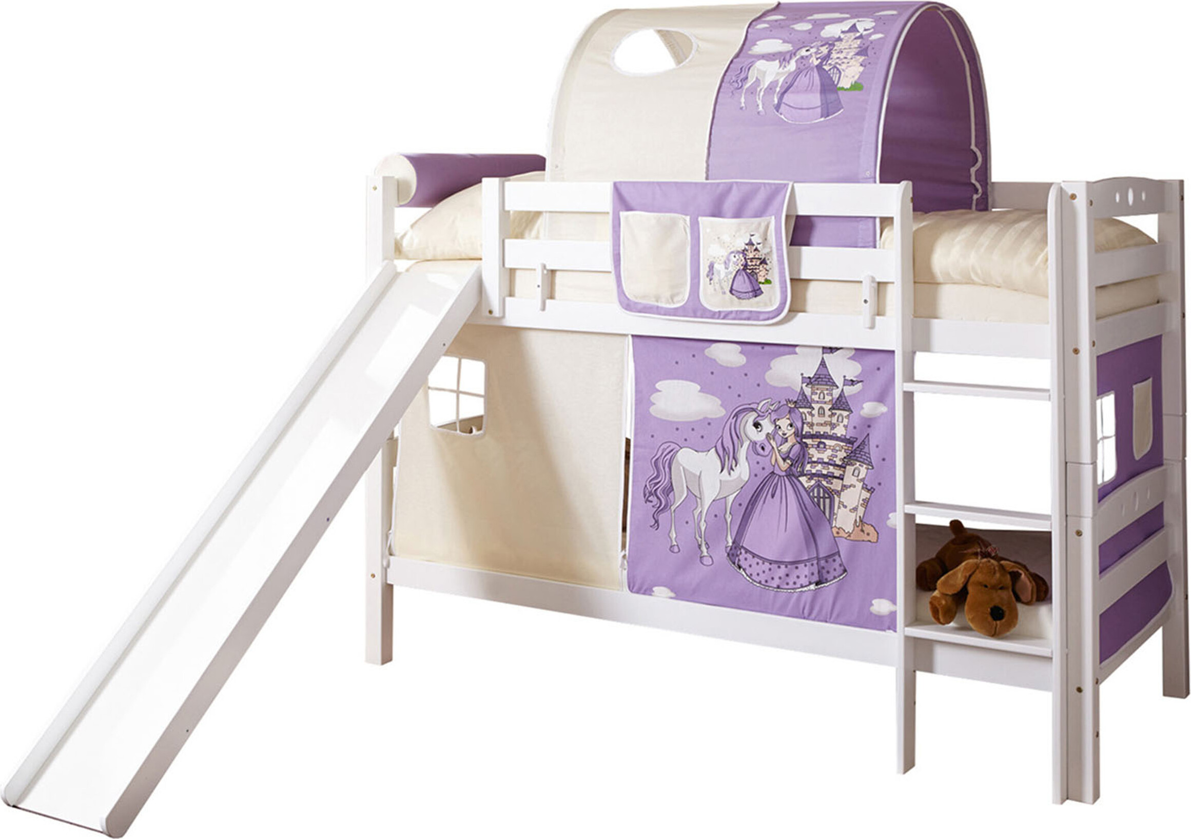 Etagenbett mit Rutsche Doppelbett Lupo Buche massiv Weiss, Vorhangstoff:Horse Lila
