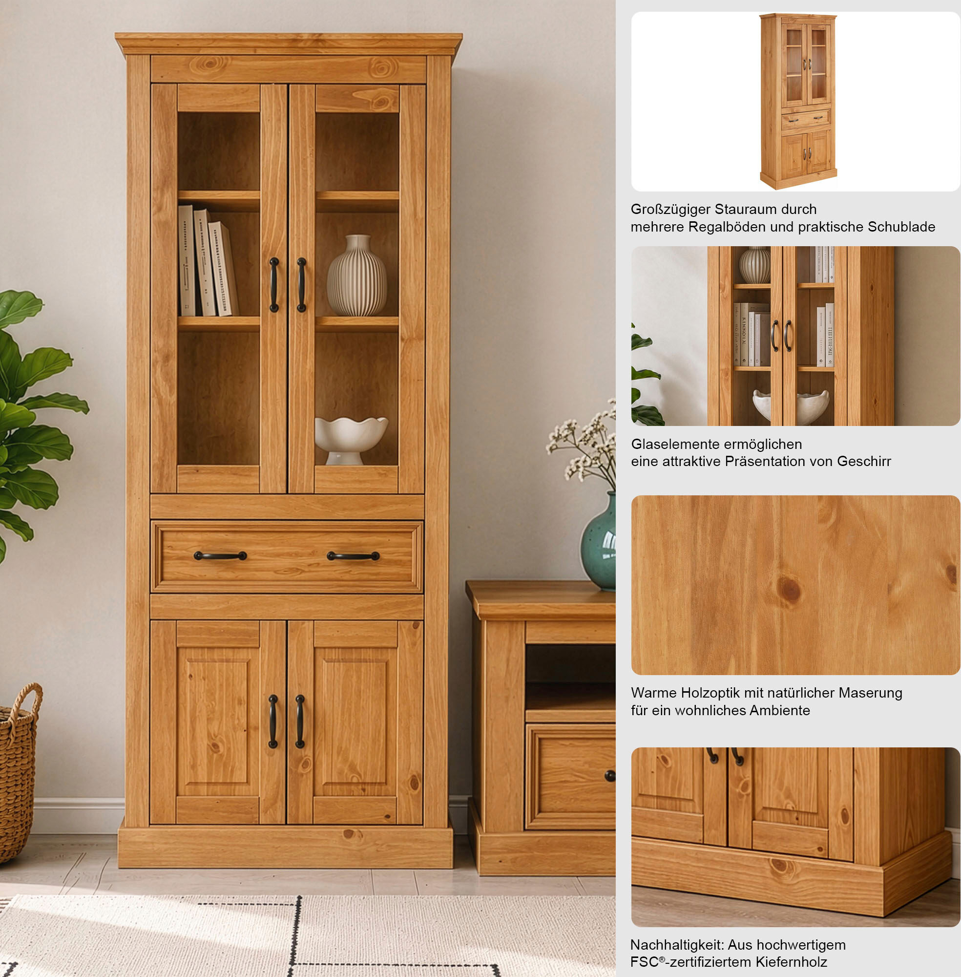 Vitrine GOODPRODUCT "Selma", weiss (weiß, gebeizt), Schränke, Vitrine, Höhe 180 cm (2-trg.) weiß, gebeizt Einheitsgröße