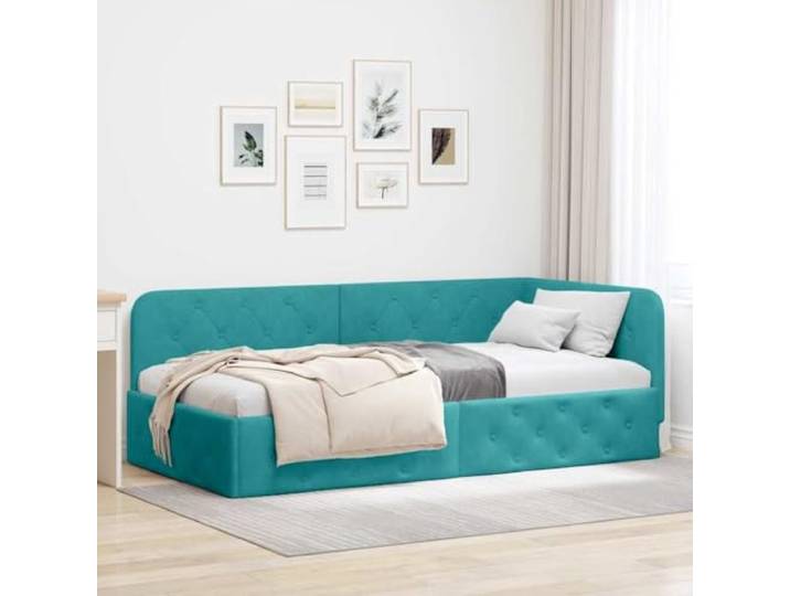 Samt L Design Eckbettgestell Plattform Schlafzimmer Türkis 90 x 190 cm Eckbettgestell mit Kopfteil Türkis 90 x 190 cm Samt L-Design Sofa Bett Schlafzimmer Polsterbett