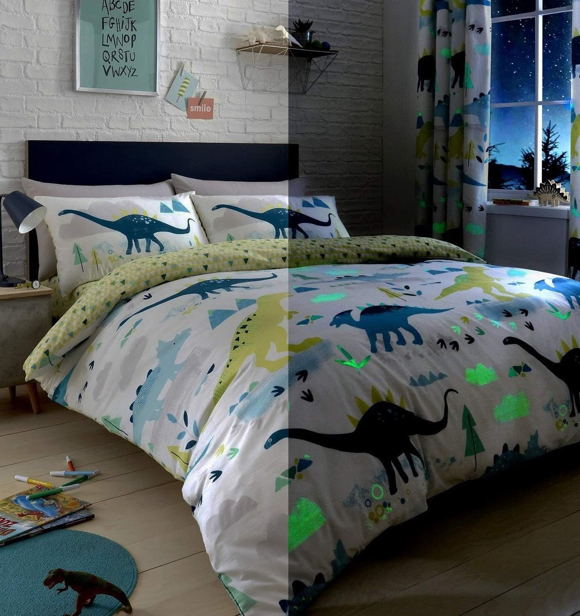 Bedlam Dino Beddengoedset voor Kinderen, Licht in het Donker, Meerkleurig, Dekbedovertrekset voor Tweepersoonsbed