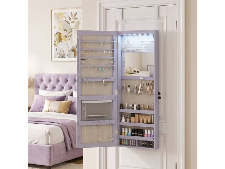 HOMCOM Armoire Bijoux Murale LED Miroir Serrure Violet