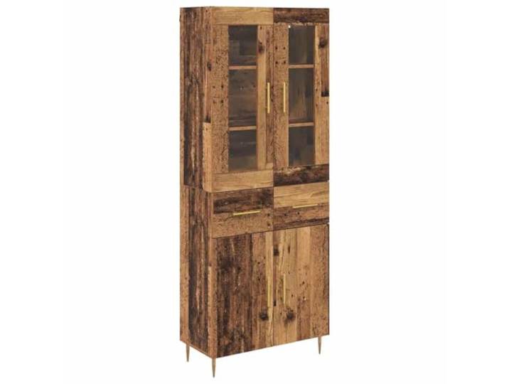 Fisinber Highboard 2er Set Altholz Holzwerkstoff mit Schubladen Elegantes 2er Schrank Set für Wohnzimmer und Esszimmer mit Sichtfenster aus Glas und zeitlosen goldenen Details.