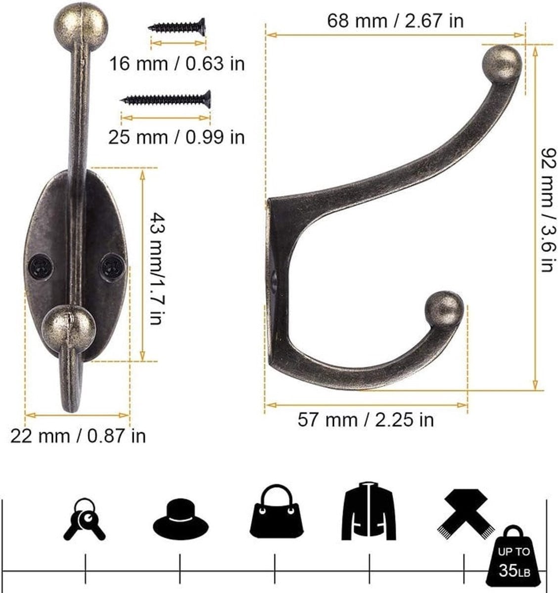 Set van 10 vintage metalen wandhaken voor in de badkamer of keuken