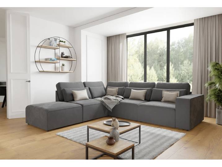 S-Style Möbel Norbert - Modulare Ecksofa in Samt-Stoff mit Rücken und Lendenkissen - Grau