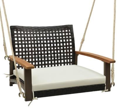 Costway Single Rattan Porch Swing with Armrests Cushion and Hanging Ropes-White