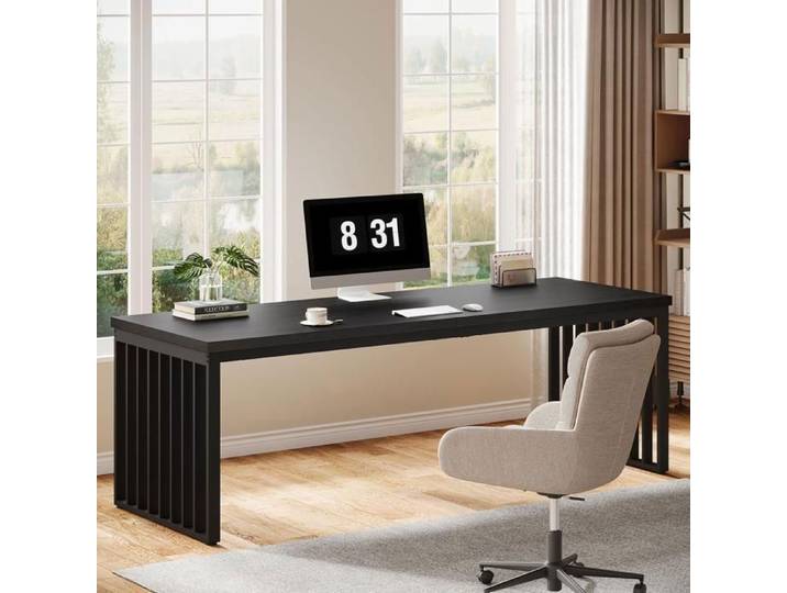 Bureau d'ordinateur 180 cm Grand Bureau PC Table de B-ureau avec Poste de Travail Table de conférence (Noir))