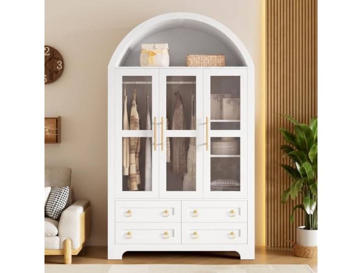 Elaimoros Kleiderschrank mit 3 Glastüren und 4 Schubladen, Vitrinenschrank, Wohnzimmerschrank, Aufbewahrungsschrank, Kleiderschrank, Schrank mit Kleiderstange，Weiß