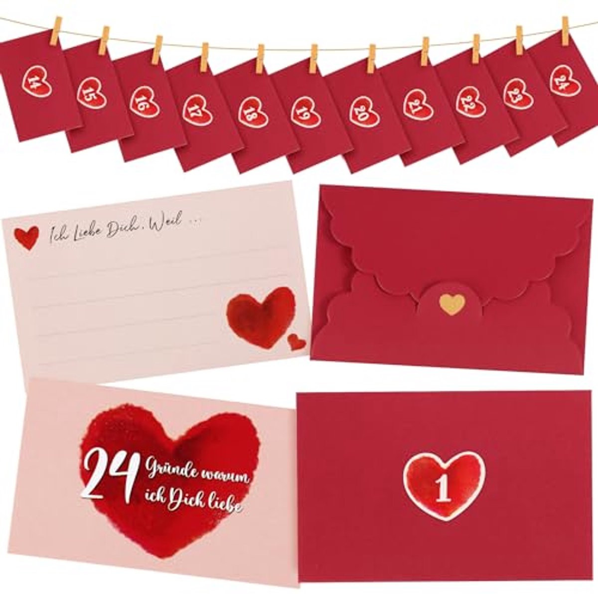Adventskalender Kaarten Kerst Tellen - 24 Duitstalige Kaarten met Enveloppen - Rood