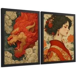 POSTER 2er-Set dekorative Badezimmer-Kunstdrucke, im japanischen Stil für Wand, Toilette mit orientalischem Drachen und Frau Schwarzer Rahmen A4