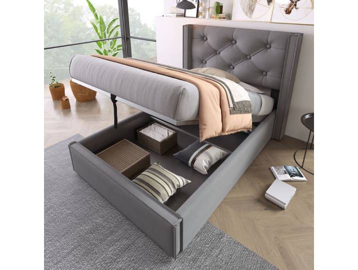VIVA Lit simple 90x200 en coton gris lit a rangement hydraulique sommier a lattes cadre metal style moderne