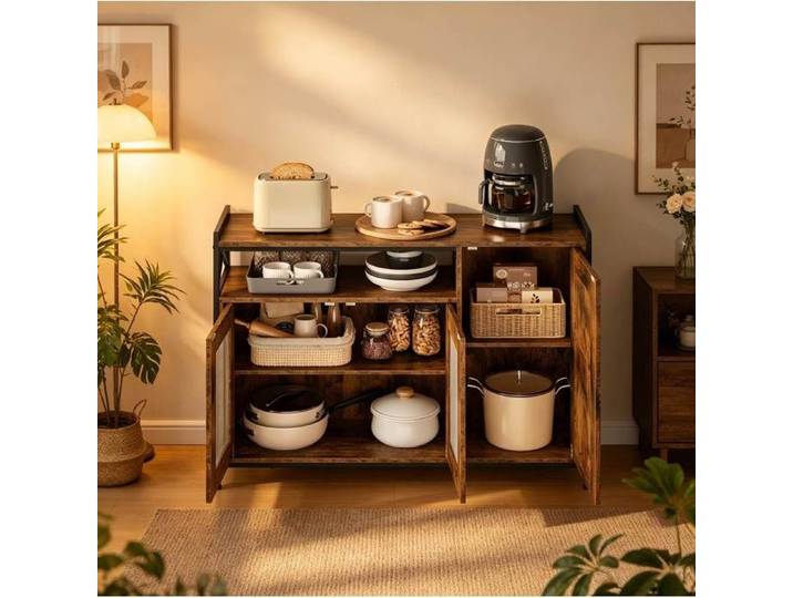 Buffet Cuisine Bois Metal Brun Sideboard Industriel FloraGrace Pour Cuisine Ou Salon Etageres Reglables 110x33x75cm