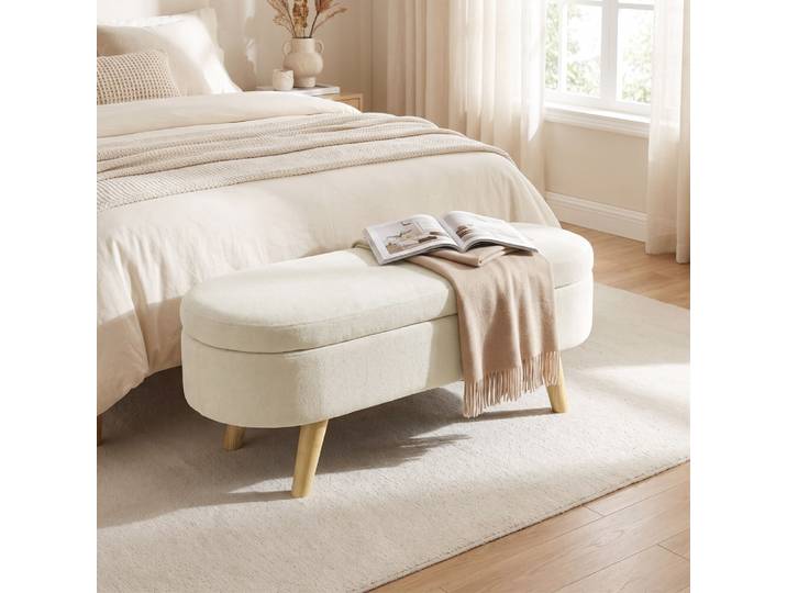 Banquette coffre de rangement design scandinave bois velours crème