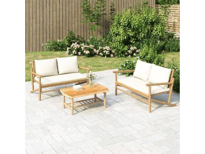 Promo été Canapé/Sofa Terrasse - SWEETY - Beige - Salon de jardin Moderne - 2 pcs - avec coussins blanc crème bambou 90x55x37cm 430
