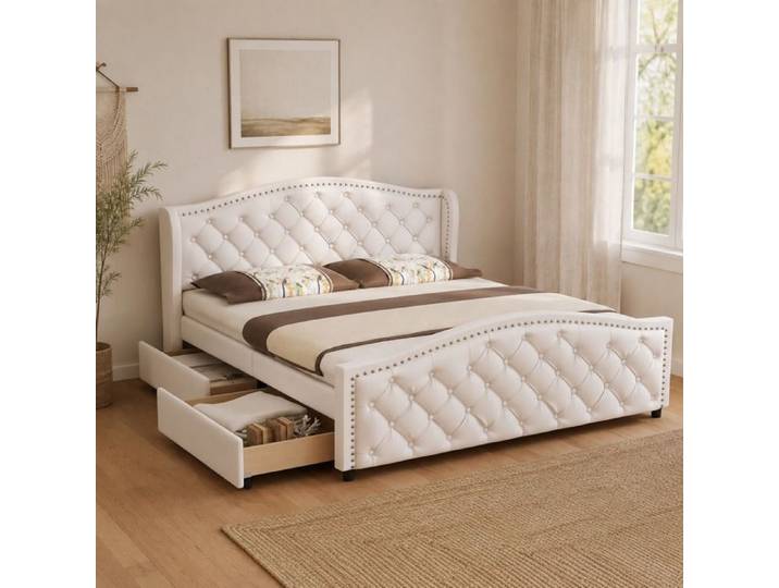 Lit coffre rembourré capitonné Chesterfield FloraGrace 160x200 cm deux tiroirs simili cuir blanc