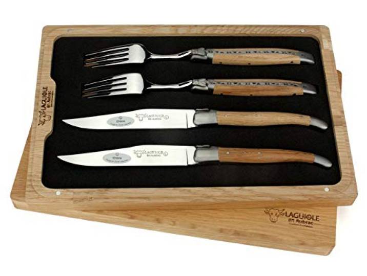Laguiole en Aubrac - 2 Steakmesser und 2 Gabeln im Set - Griff Eichen-Holz - Original Frankreich mit Zertifikat