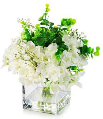 Enova Home Faux Hydrangea Flowers with Vase, Mixed Fake Hydrangea Flowers and Greenery in Vase with Faux Water for Dining Table Decoration