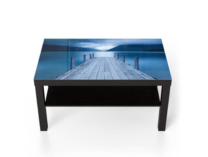 DEQORI Glastisch schwarz groß 90x50 cm Motiv Steg ins Geheimnis ausgefallener Beistelltisch aus Glas Hochglanz Couchtisch fürs Wohnzimmer moderner Couch Tisch mit Design