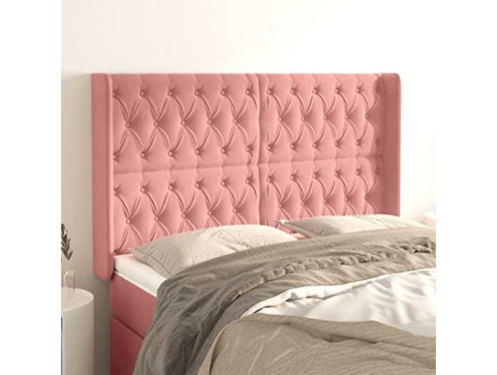 RJPLMFV Kopfteil mit Ohren, Rosa, 147 x 16 x 118/128 cm, Samt Höhenverstellbar, stabile Holzfüße, Rückenstütze, Lieferung mit Montageanleitung