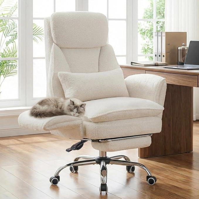 Bürostuhl Chefsessel Ergonomisch, Gaming Stuhl mit 5-Stufig Verstellbare Armlehnen & Fußstütze, Schreibtischstuhl mit Verstellbarer Rückenlehne & Lendenwirbelstütze aus Teddy Stoff, Weiß