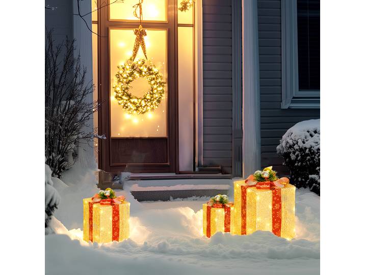 Outsunny Boîtes Cadeaux Noël LED Or Lot de 3 avec 58 Lumières