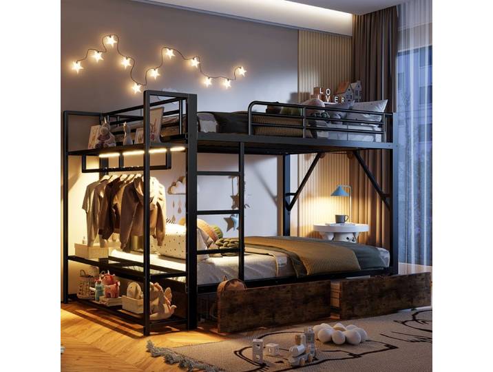 Lit superpose 140x200 cm avec bande lumineuse LED et 2 tiroirs Lit enfant avec tringle à vêtements Lit double en noir