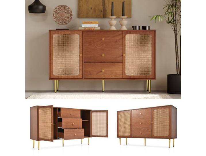 Commode - Noyer - 2 portes - 3 tiroirs - Style vintage - Réglable