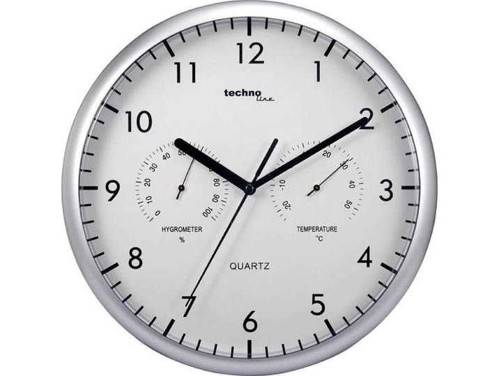 Technoline WT650 - Wandklok - Analoog - Quartz - Rond - Kunststof - Binnentemperatuur - Binnenluchtvochtigheid - Zilverkleurig