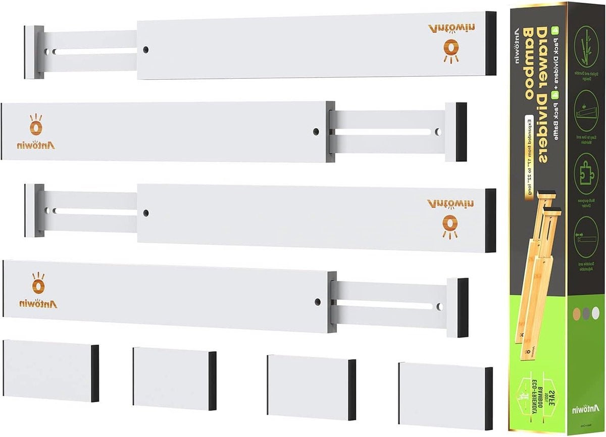 Verstelbare ladeverdeler bamboe wit - Organisator voor keuken, badkamer, slaapkamer en bureau (43 - 56 cm)