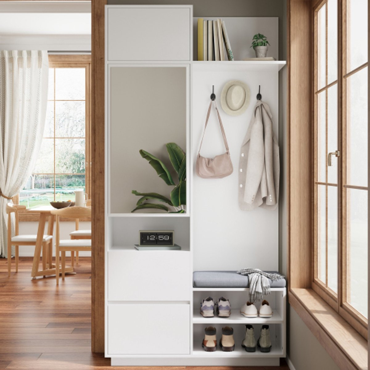 Compacte halgarderobe met spiegel, bankje en schoenenkast in wit