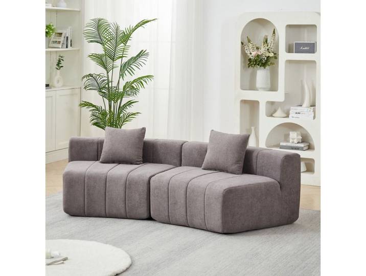 Modenuit Canapé modulable courbé en chenille gris 2 places avec 2 coussins sans montage